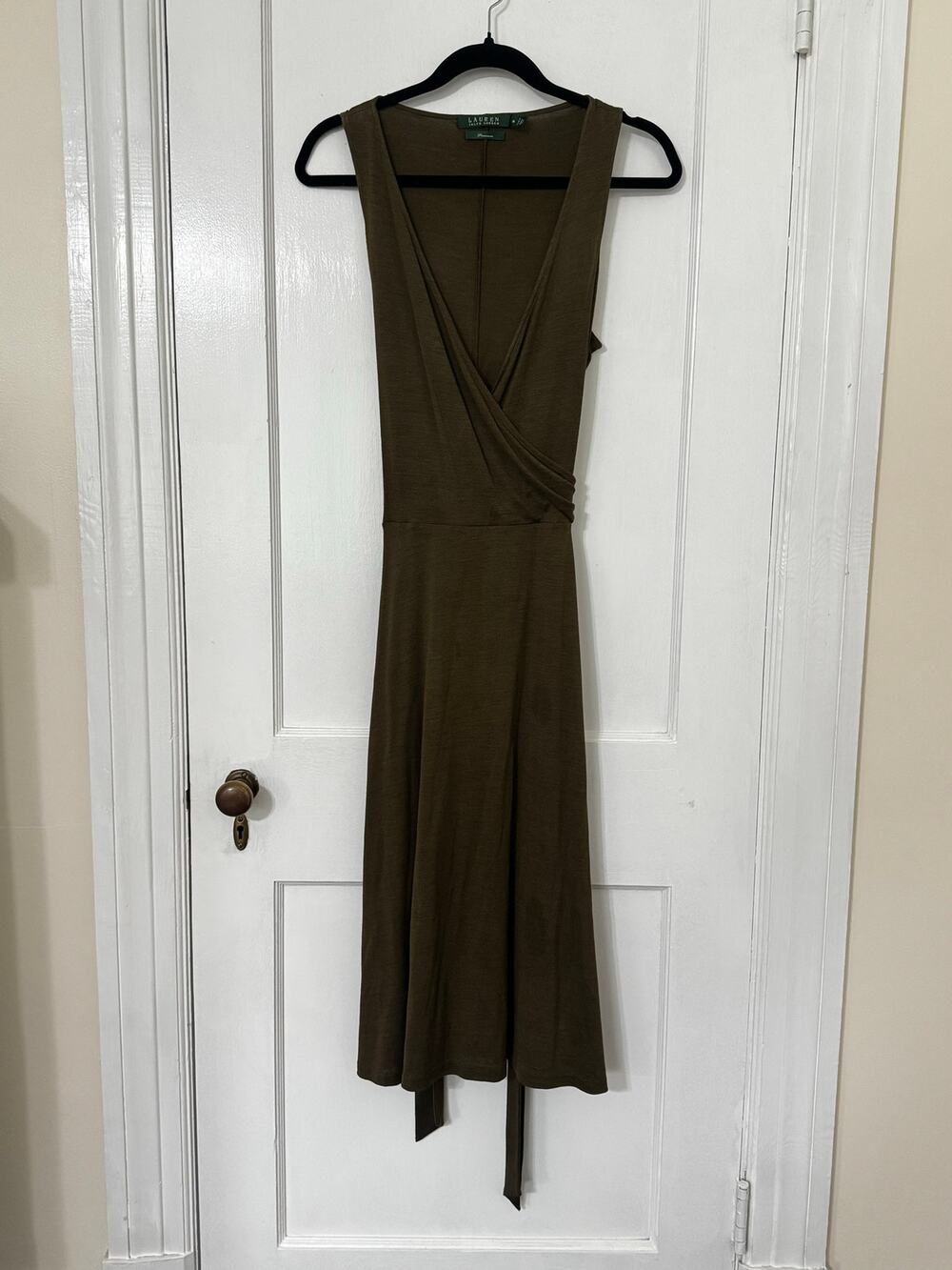 Ralph Lauren Premium Vintage Archival Silk Olive Green Wrap Midi Dress